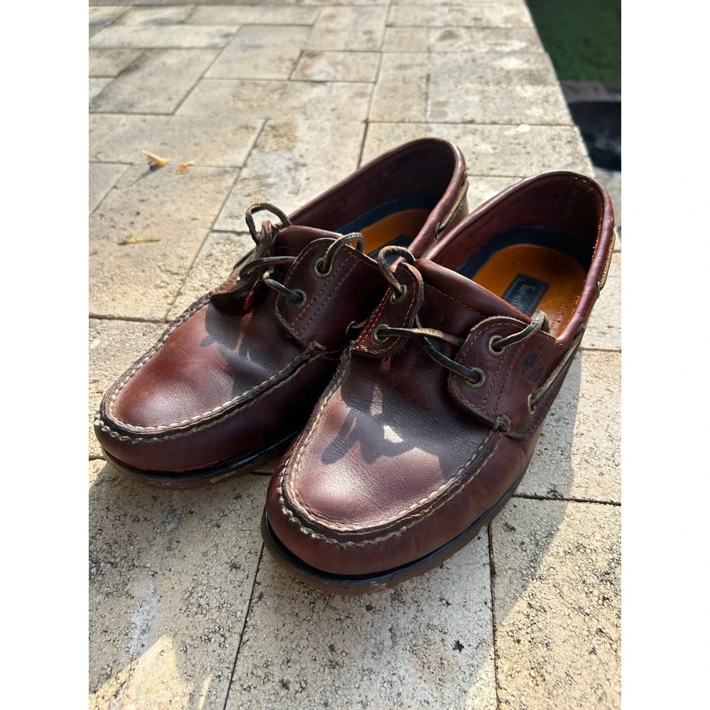 Timberland Mens 9.5 M Burgundy Brown Leather Boat Shoes 25077 Classic Moc Toe